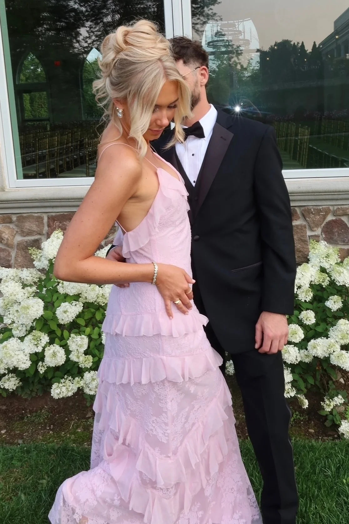 Charming Sheath Spaghetti Straps Light Pink Long Prom Dress with Ruffles SH8103