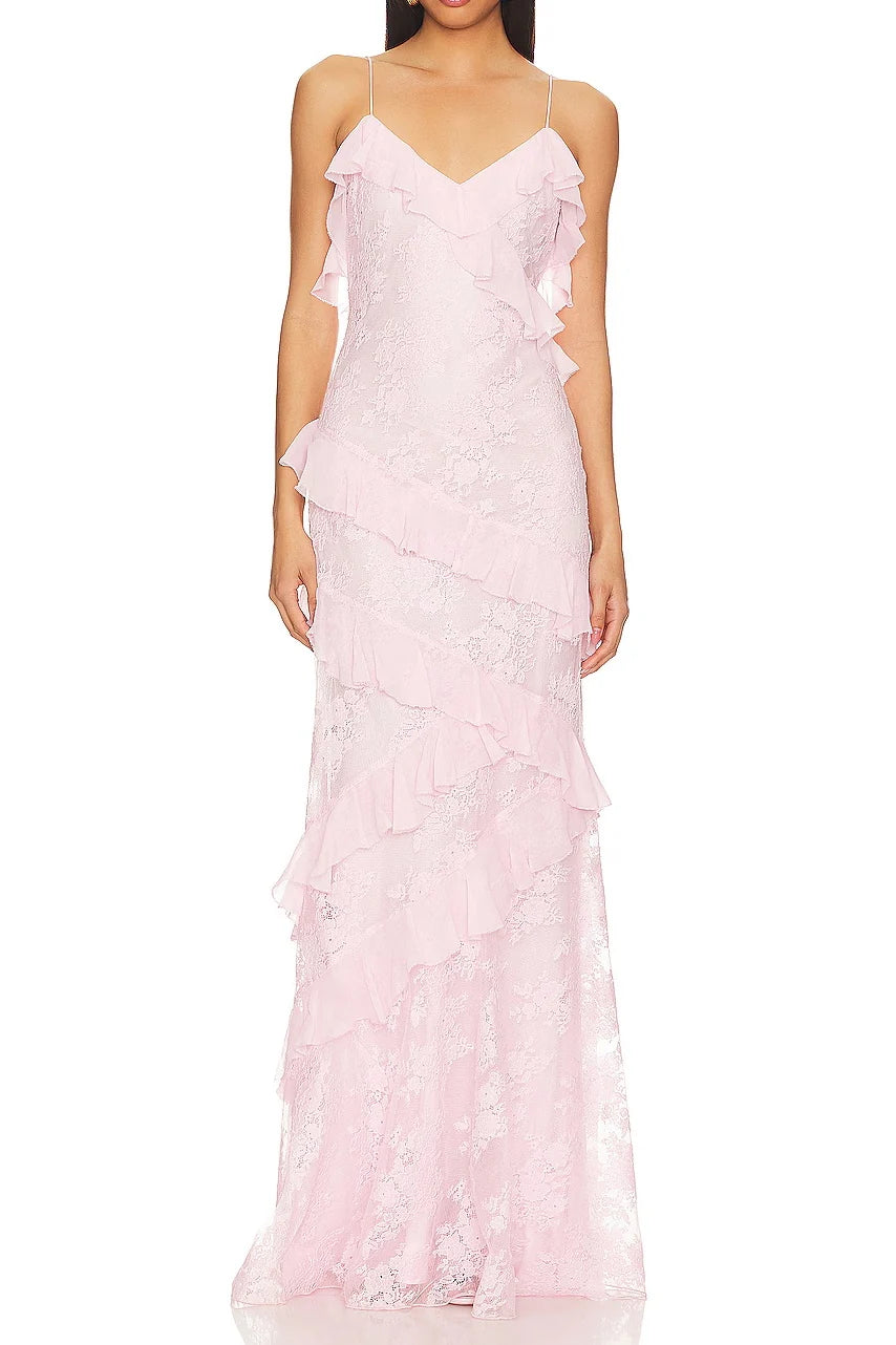 Charming Sheath Spaghetti Straps Light Pink Long Prom Dress with Ruffles SH8103