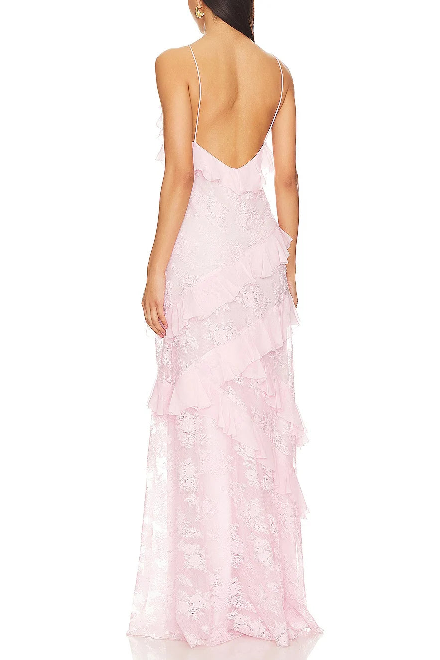 Charming Sheath Spaghetti Straps Light Pink Long Prom Dress with Ruffles SH8103