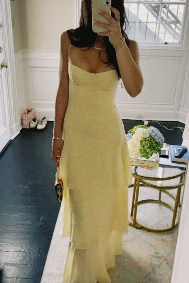 Charming Mermaid Spaghetti Straps Yellow Long Prom Dress with Ruffles SH7627