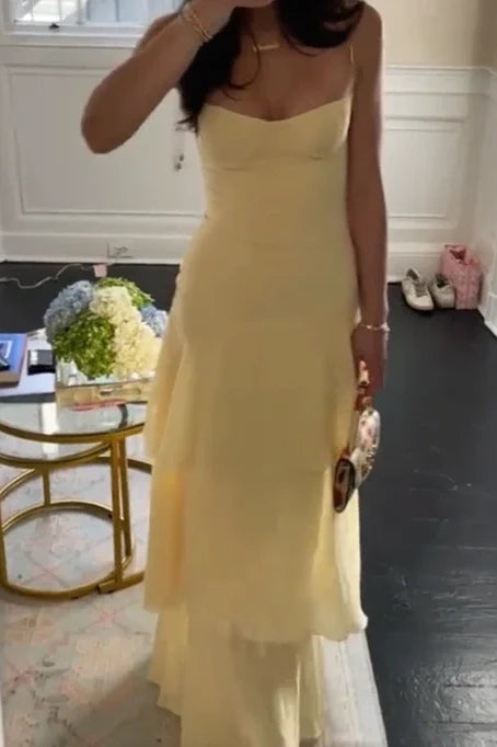Charming Mermaid Spaghetti Straps Yellow Long Prom Dress with Ruffles SH7627