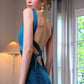 Charming Sheath V Neck Blue Long Prom Dress with Open Back SH7774