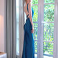 Charming Sheath V Neck Blue Long Prom Dress with Open Back SH7774