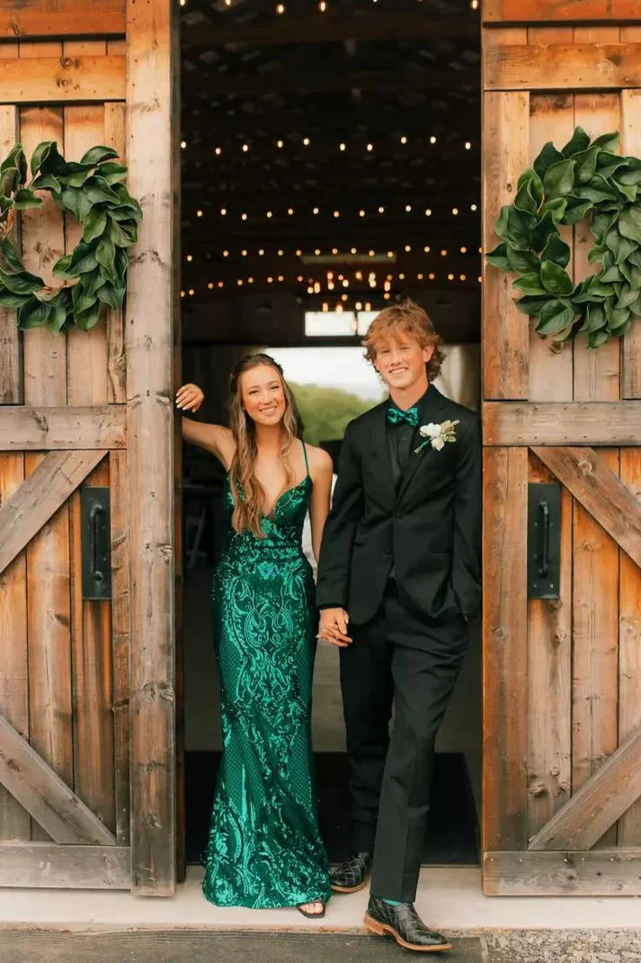 Emerald Sheath Spaghetti Straps Shiny Sequin Prom Dress Evening Dress SH6374