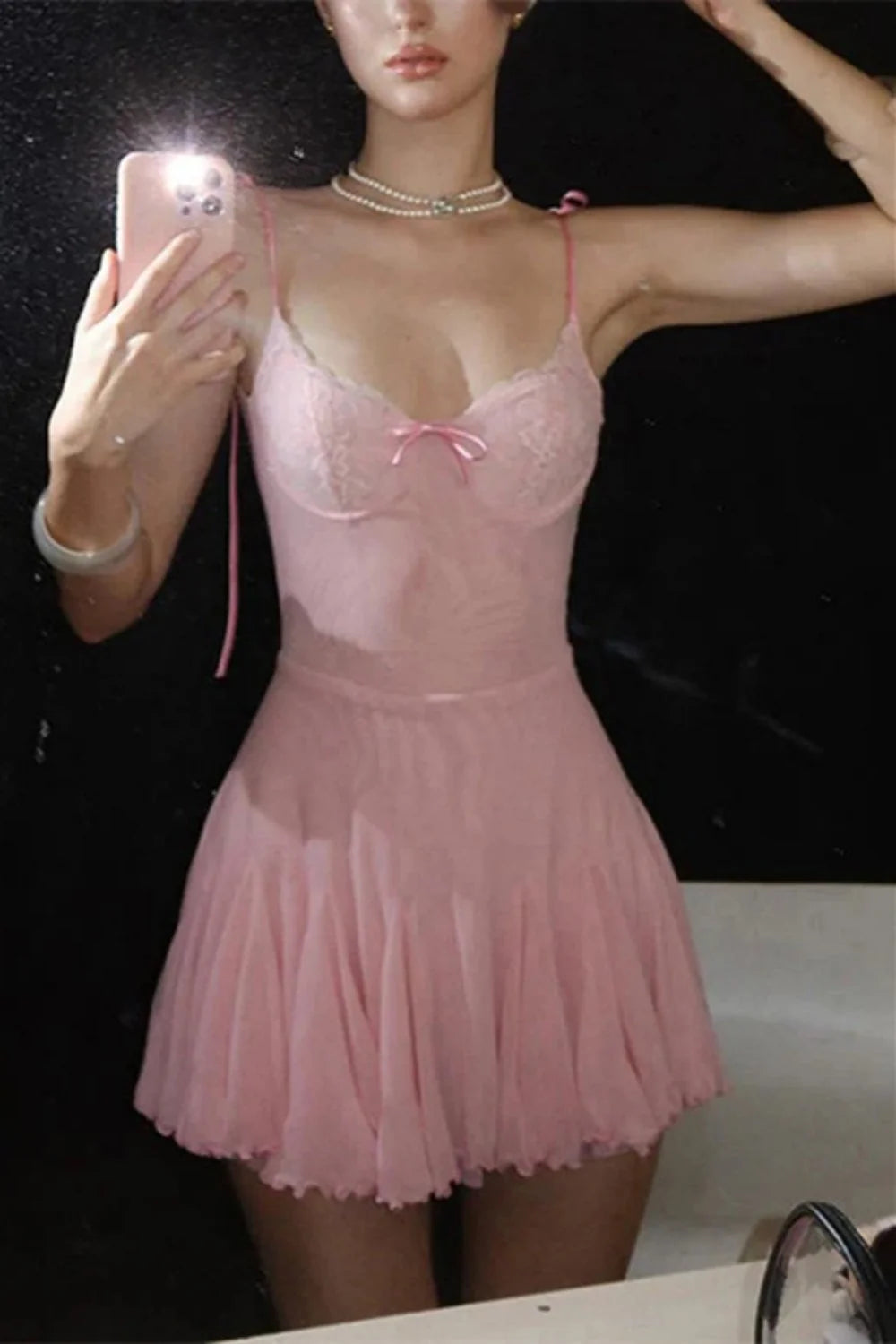 Charming Pink Lace Bust Bow Front Flowy Mini Homecoming Dress Style SH7888