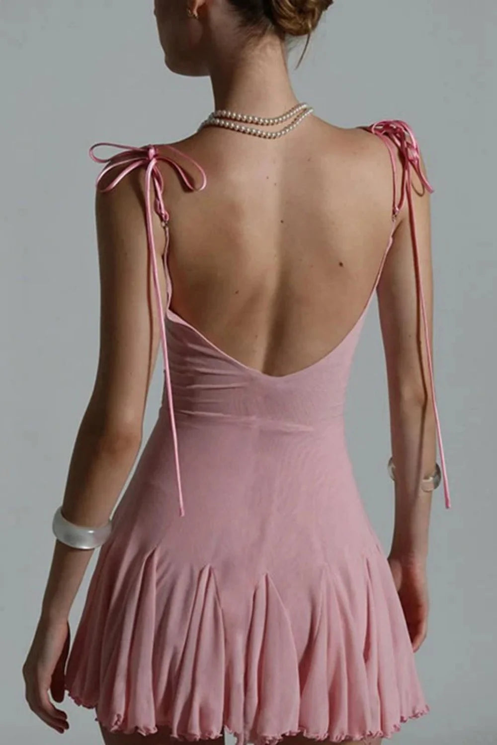 Charming Pink Lace Bust Bow Front Flowy Mini Homecoming Dress Style SH7888