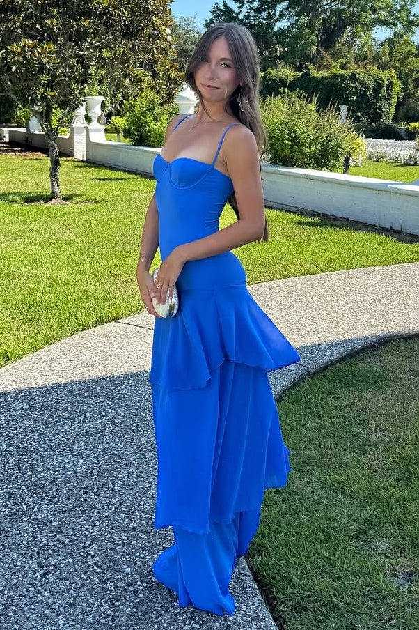 Charming Mermaid Spaghetti Straps Royal Blue Long Prom Dress with Ruffles SH7628