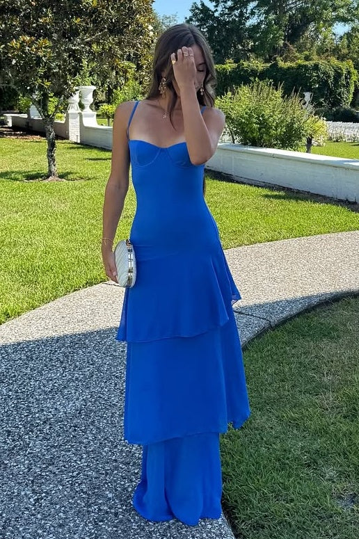 Charming Mermaid Spaghetti Straps Royal Blue Long Prom Dress with Ruffles SH7628