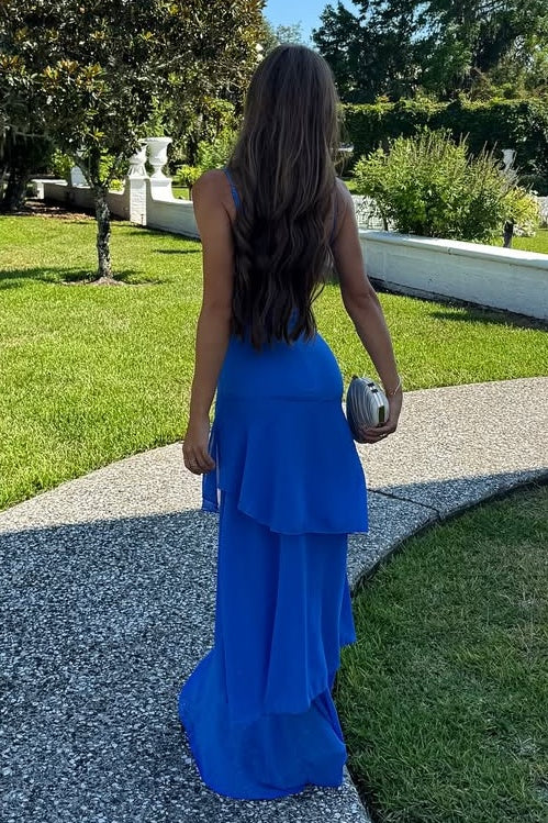 Charming Mermaid Spaghetti Straps Royal Blue Long Prom Dress with Ruffles SH7628