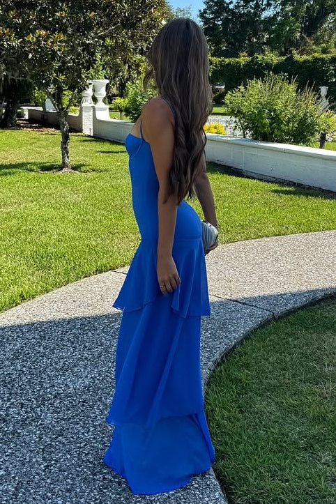 Charming Mermaid Spaghetti Straps Royal Blue Long Prom Dress with Ruffles SH7628