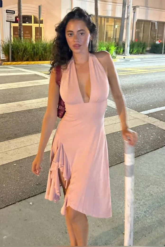 Chic A Line Halter Neck Light Pink Knee Length Party Dress with Ruffles SH7823
