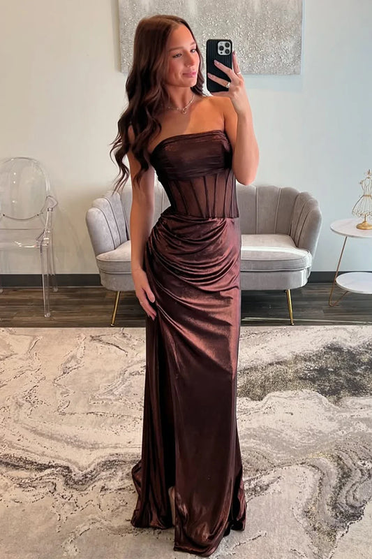 Chic Sheath Strapless Long Brown Metallic Prom Dress with Leg Slit SH8314