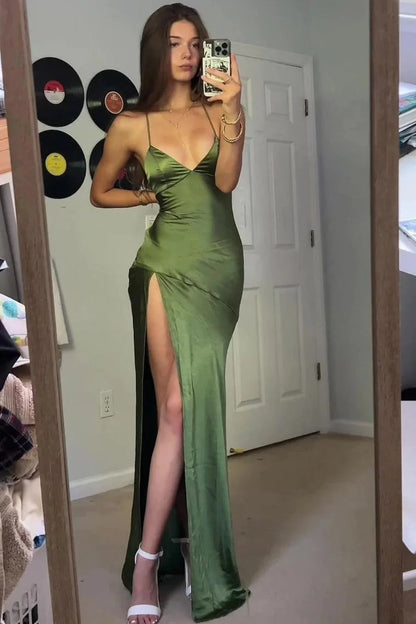 Simple Sheath Spaghetti Straps Green Long Party Dress with Split Front SH7780