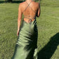 Simple Sheath Spaghetti Straps Green Long Party Dress with Split Front SH7780