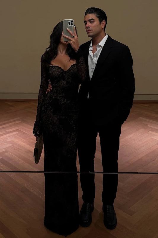 Chic Mermaid Sweetheart Black Lace Long Prom Dress with Long Sleeves SH8173