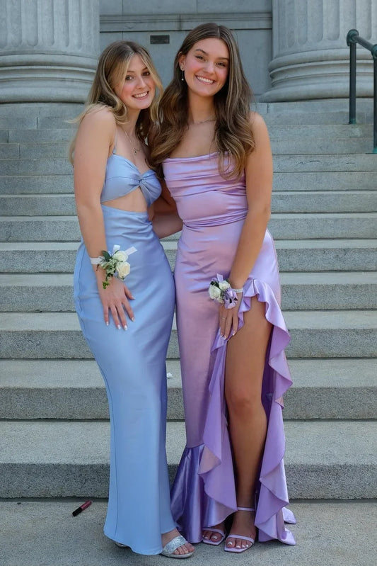 Chic Sheath Spaghetti Straps Purple Long Prom Dress with Ruffles SH8101