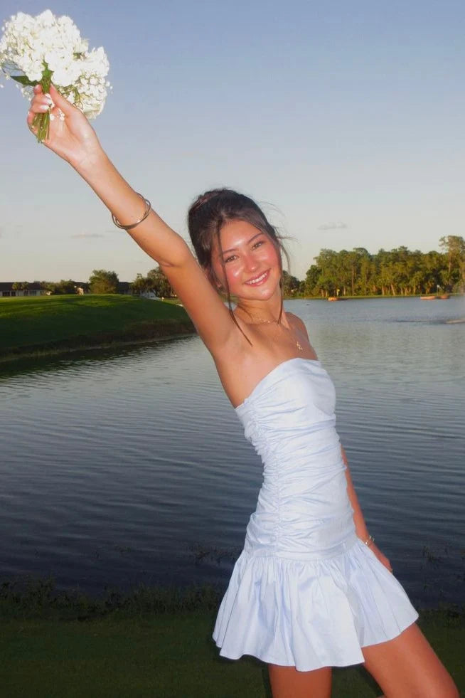 Simple Sheath Strapless Light Blue Short Homecoming Dress with Ruffles SH7849