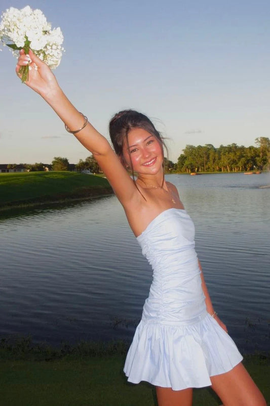 Simple Sheath Strapless Light Blue Short Homecoming Dress with Ruffles SH7849