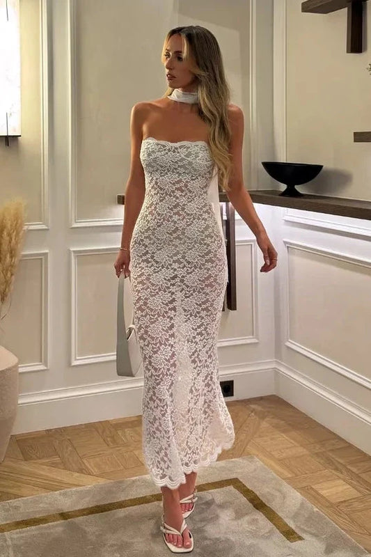 Trendy Sheath Strapless White Lace Tea Length Party Dress SH8095