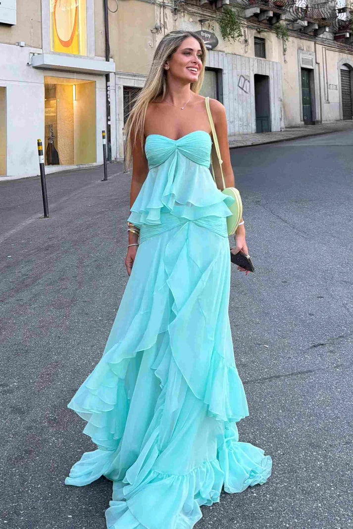 A-line Cascading Ruffles Strapless Sweetheart Chiffon Prom Dress SH8261