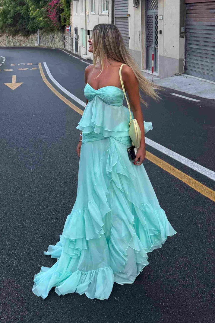 A-line Cascading Ruffles Strapless Sweetheart Chiffon Prom Dress SH8261