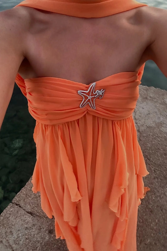 Chic A Line Halter Neck Orange Long Prom Dress with Ruffles SH8309