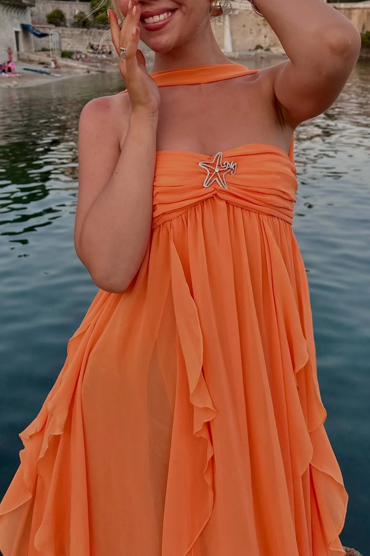 Chic A Line Halter Neck Orange Long Prom Dress with Ruffles SH8309