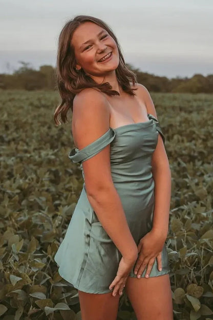 Chic Sheath Off the Shoulder Green Satin Homecoming Dress with Ruched SH7471