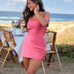 Chic Sheath Off the Shoulder Pink Satin Homecoming Dress with Ruched SH7470