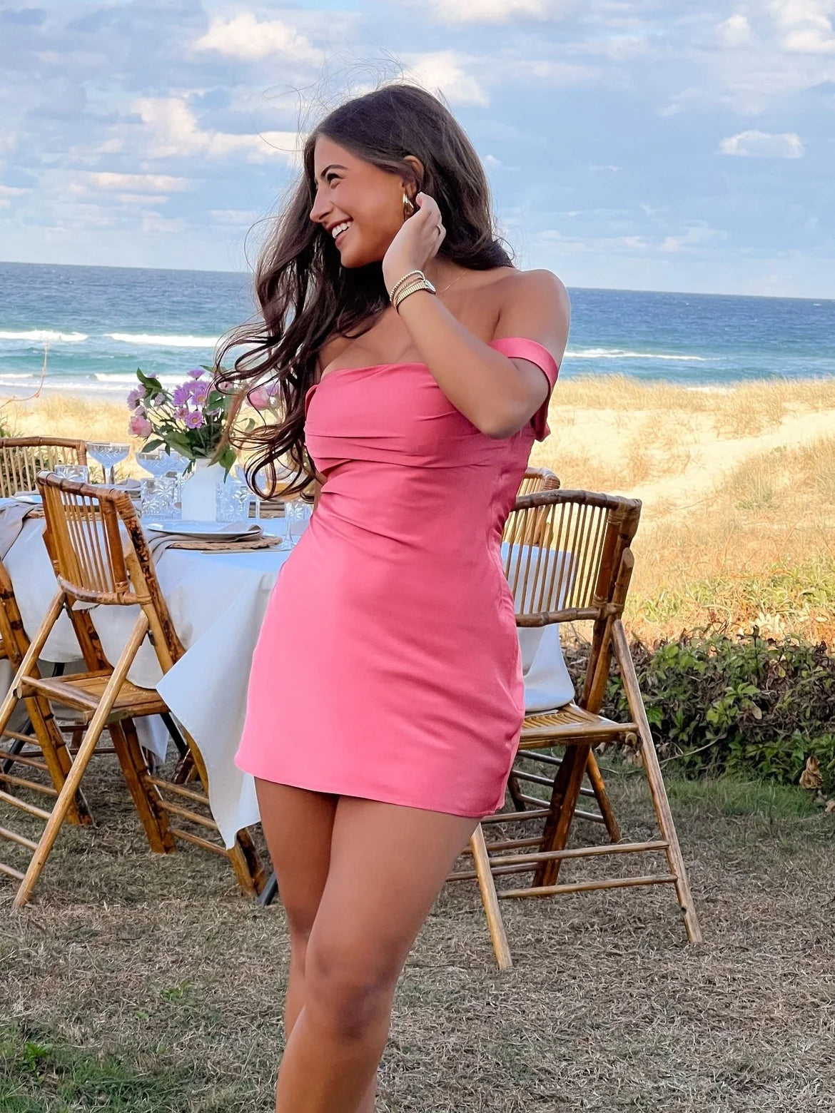 Chic Sheath Off the Shoulder Pink Satin Homecoming Dress with Ruched SH7470