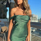 Chic Sheath Off the Shoulder Green Satin Homecoming Dress with Ruched SH7471