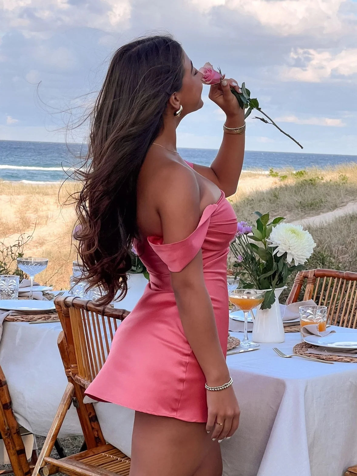 Chic Sheath Off the Shoulder Pink Satin Homecoming Dress with Ruched SH7470