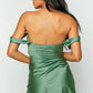 Chic Sheath Off the Shoulder Green Satin Homecoming Dress with Ruched SH7471