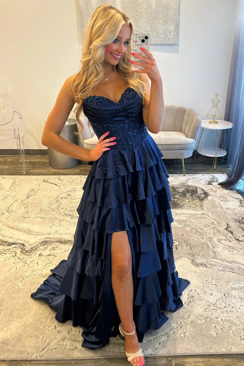 Classic A Line Sweetheart Navy Corset Prom Dress with Appliques Ruffles SH8118