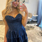 Classic A Line Sweetheart Navy Corset Prom Dress with Appliques Ruffles SH8118