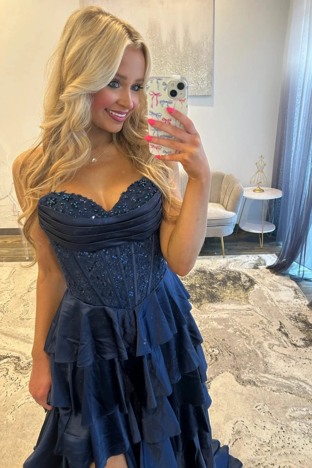 Classic A Line Sweetheart Navy Corset Prom Dress with Appliques Ruffles SH8118