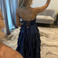 Classic A Line Sweetheart Navy Corset Prom Dress with Appliques Ruffles SH8118