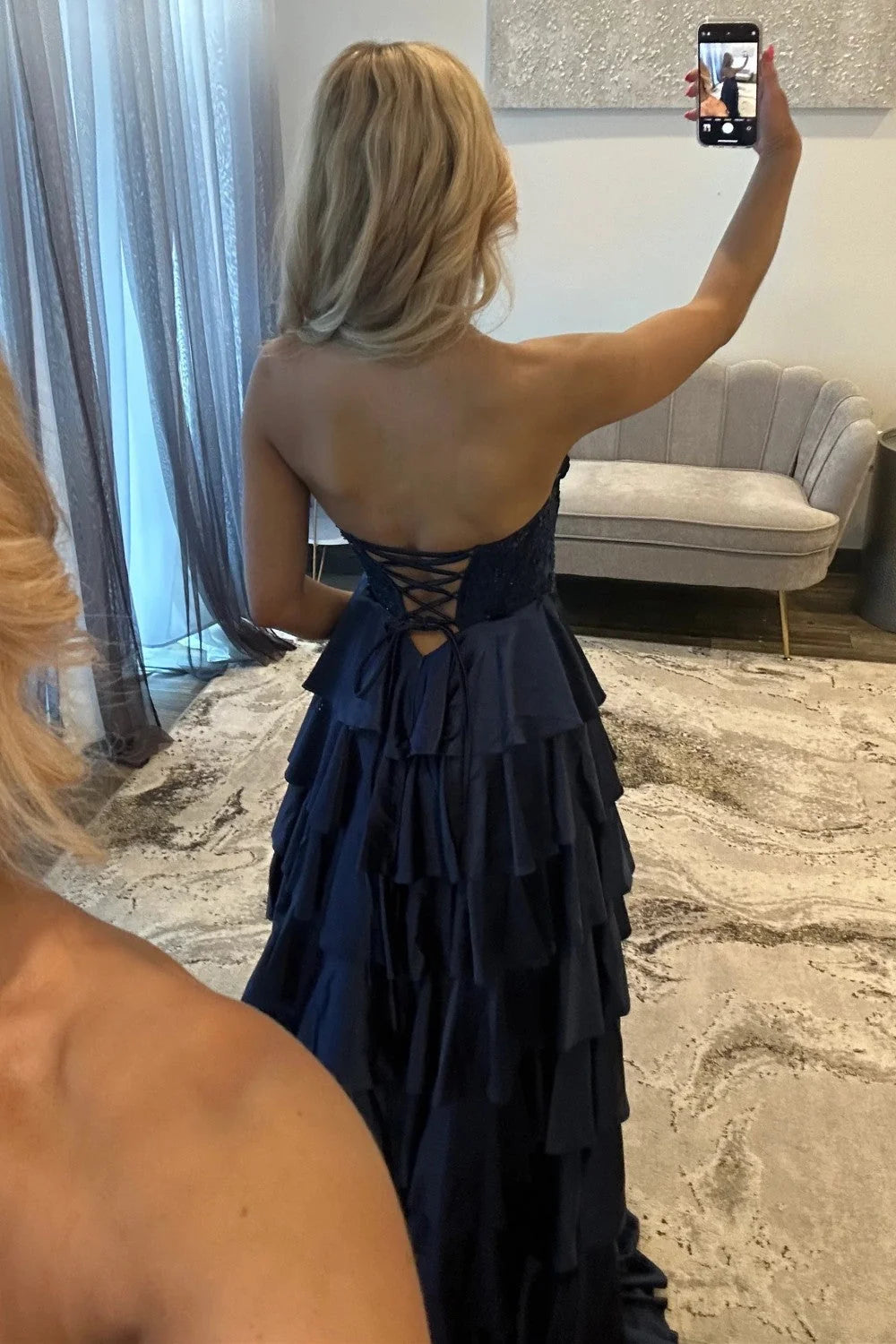 Classic A Line Sweetheart Navy Corset Prom Dress with Appliques Ruffles SH8118