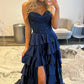 Classic A Line Sweetheart Navy Corset Prom Dress with Appliques Ruffles SH8118