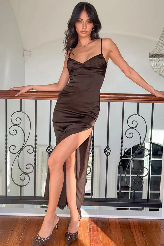 Elegant Sheath Spaghetti Straps Brown Long Prom Dress with Split Front SH8157