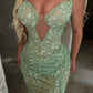 Apple Green Floral Lace Mermaid Prom Dress Side Slit Cut-out Floor-length Formal Evening SH6608