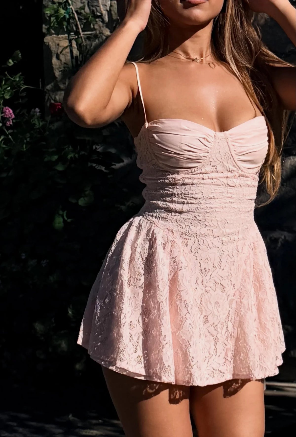 Cute A Line Spaghetti Straps Light Pink Lace Short Homecoming Dress SH7981