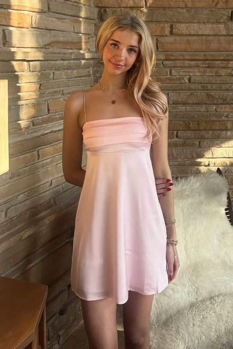 Cute A Line Spaghetti Straps Light Pink Satin Short Homecoming Dress with Ruched SH7881