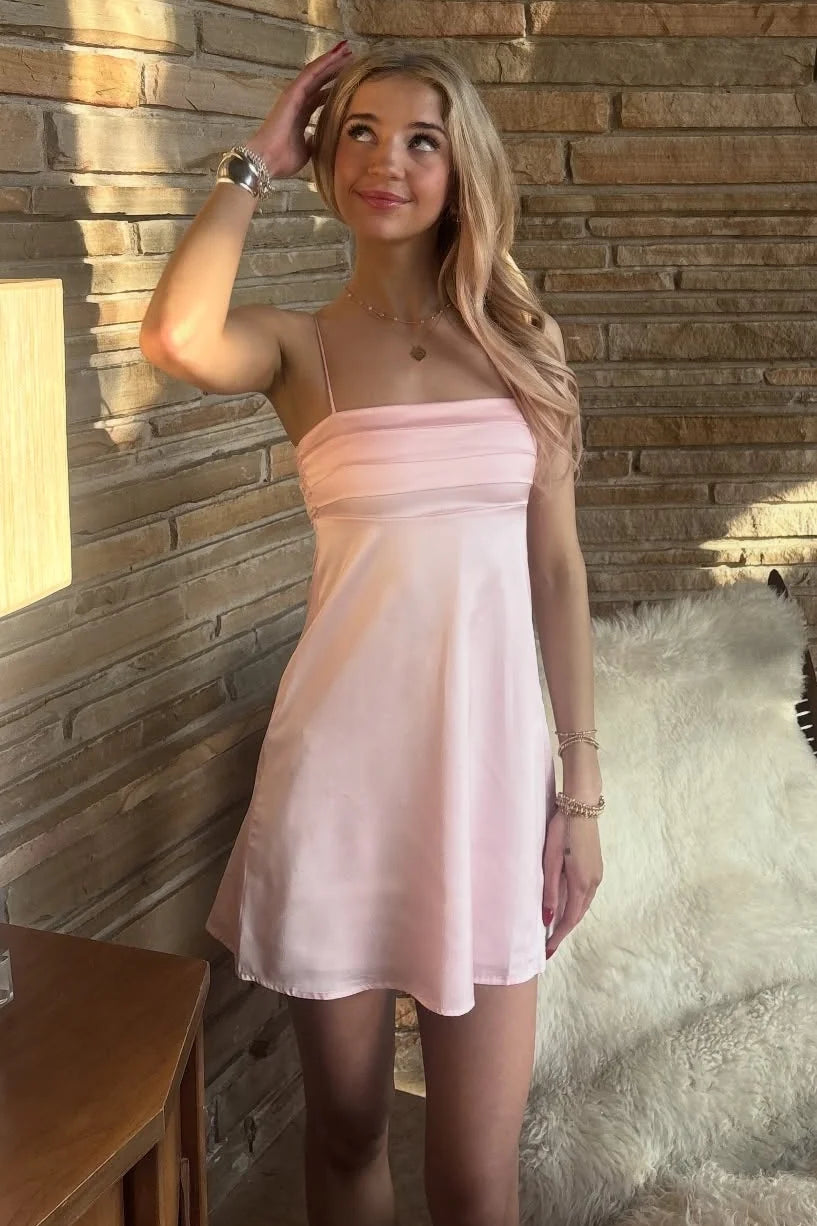 Cute A Line Spaghetti Straps Light Pink Satin Short Homecoming Dress with Ruched SH7881