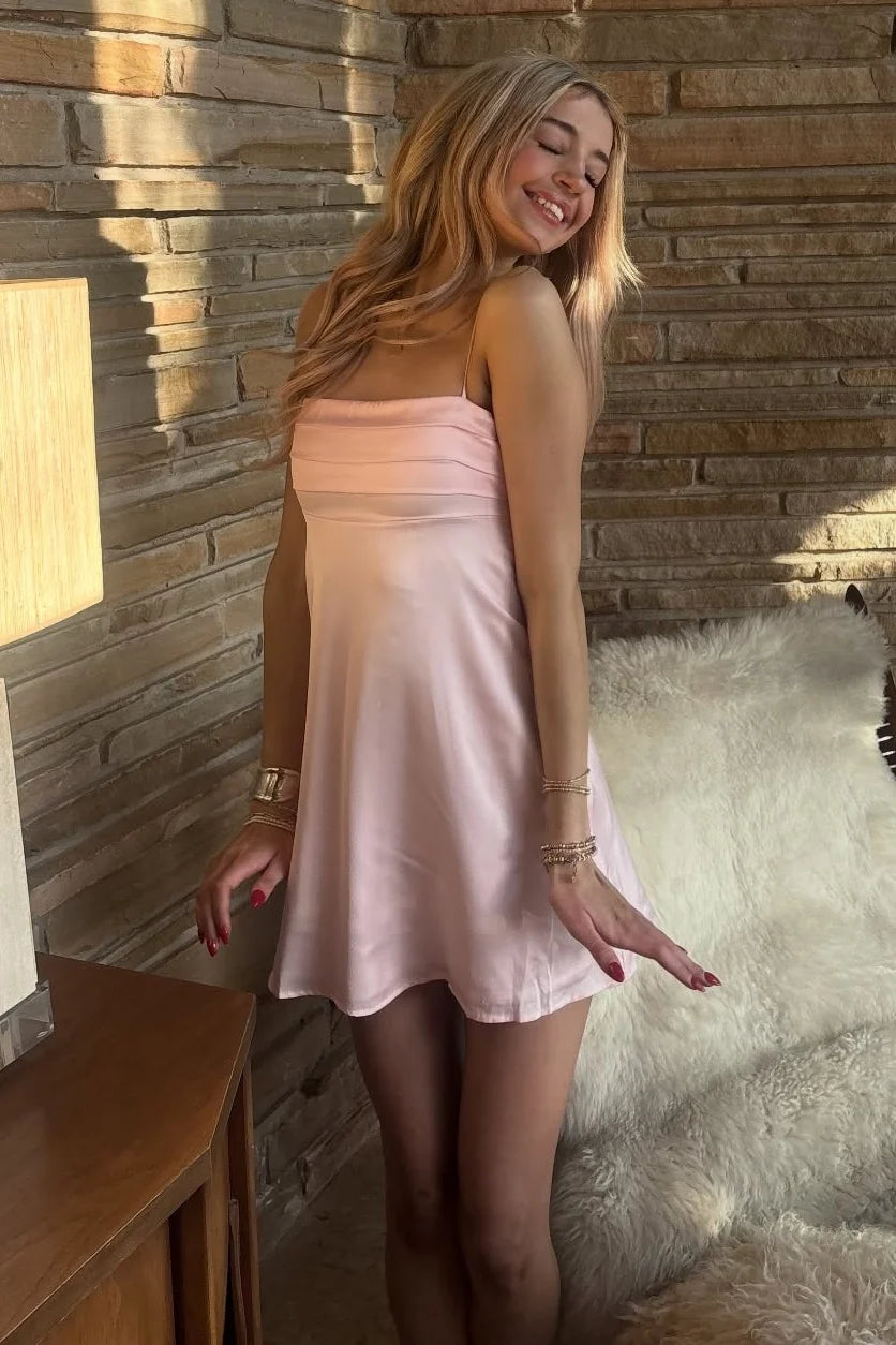 Cute A Line Spaghetti Straps Light Pink Satin Short Homecoming Dress with Ruched SH7881