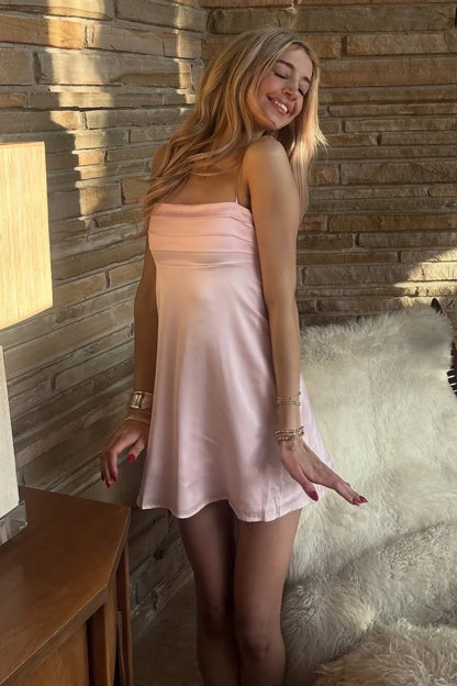 Cute A Line Spaghetti Straps Light Pink Satin Short Homecoming Dress with Ruched SH7881