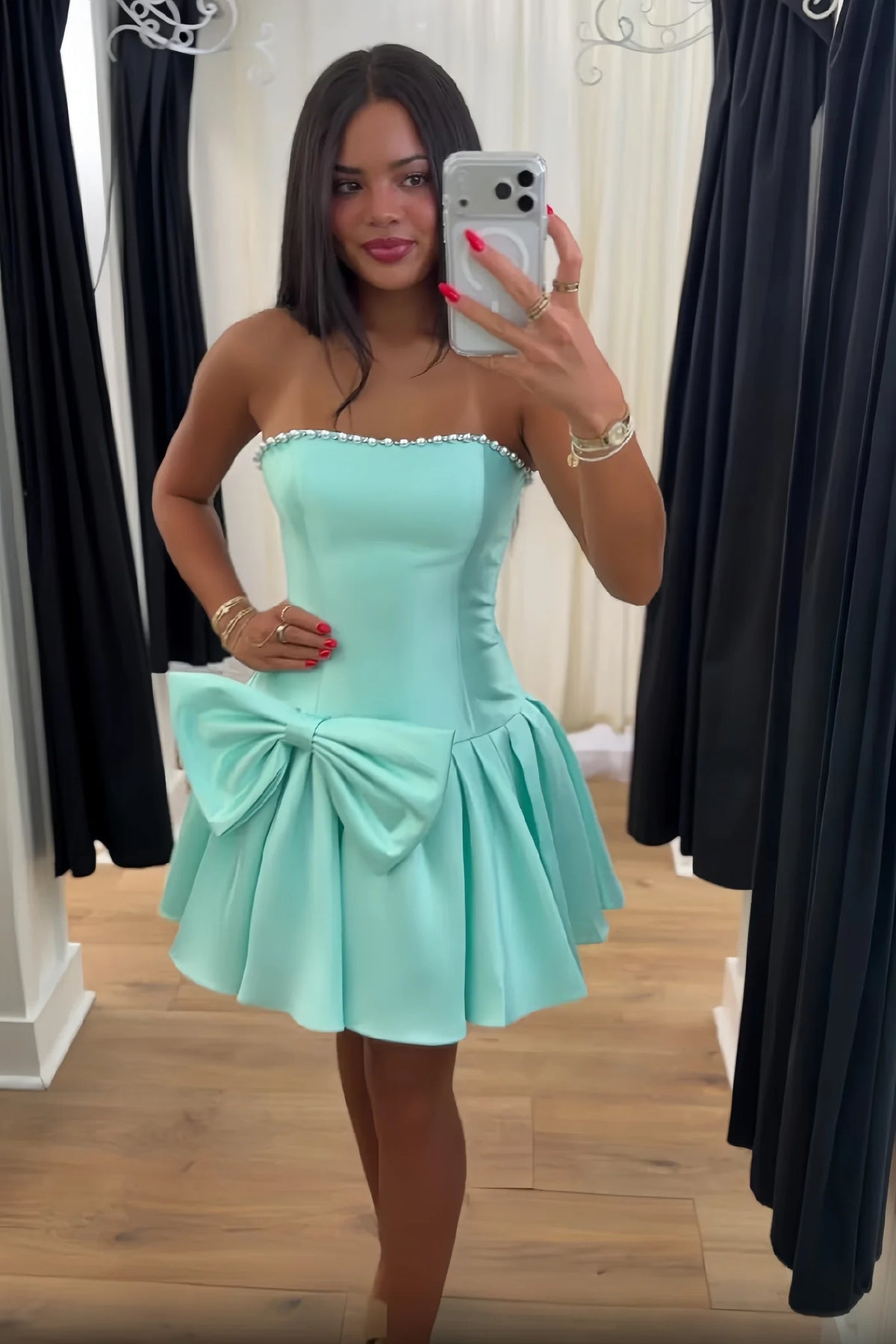 Cute A Line Strapless Light Green Short Homecoming Dress with Pearls Bowknot SH7906
