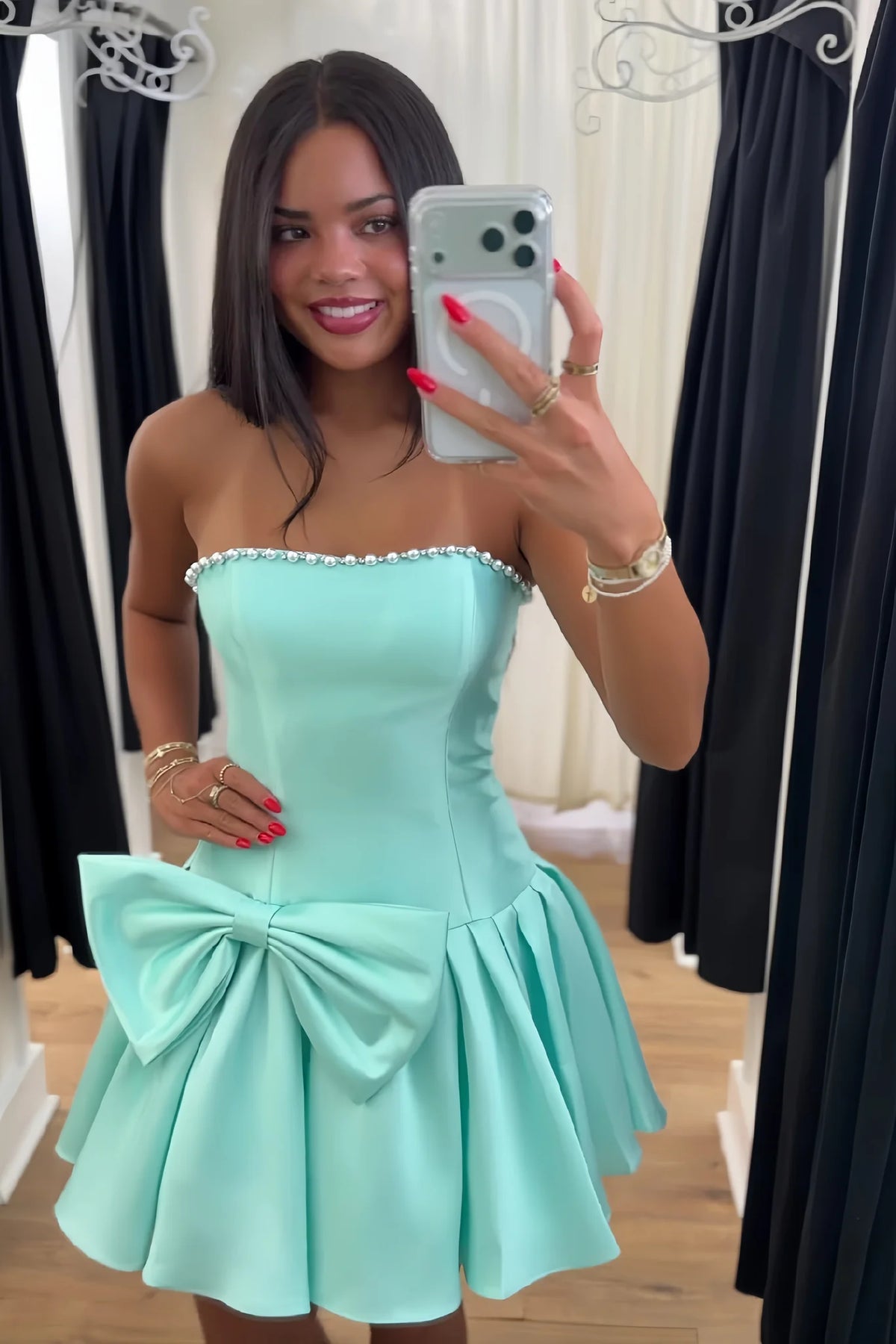 Cute A Line Strapless Light Green Short Homecoming Dress with Pearls Bowknot SH7906