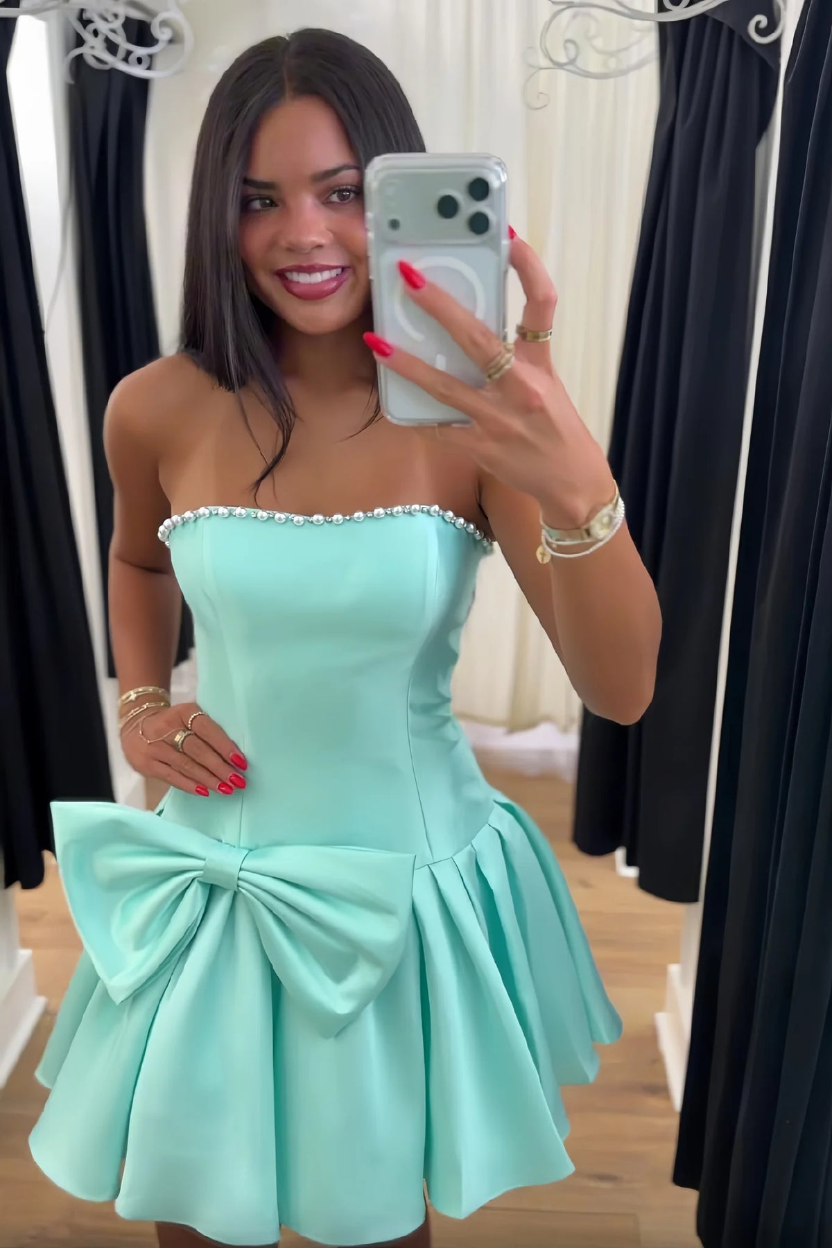 Cute A Line Strapless Light Green Short Homecoming Dress with Pearls Bowknot SH7906