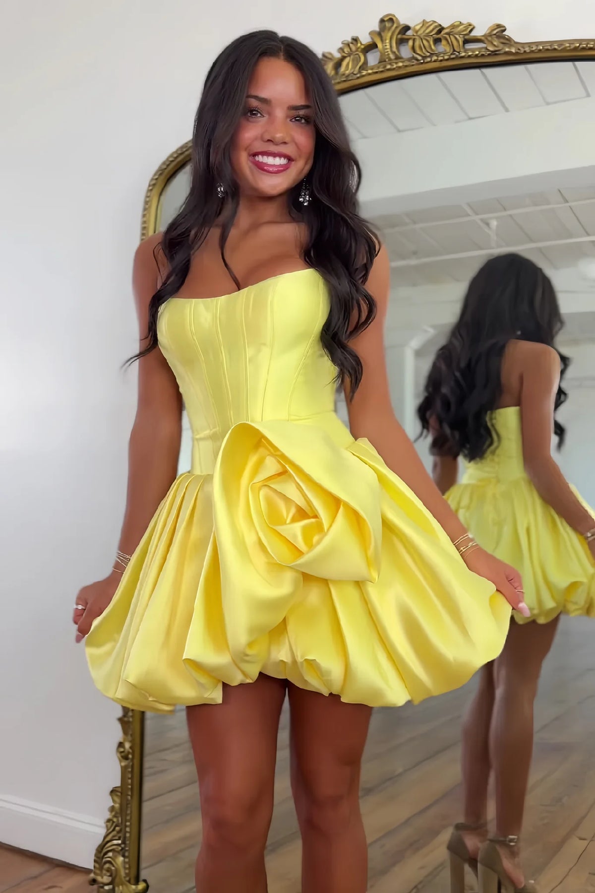 Cute A Line Strapless Yellow Corset Homecoming Dress with 3D Flowers SH7908